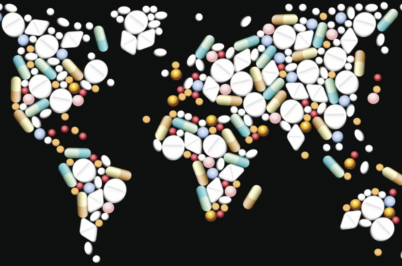 Pharmacoepidemiology: illustration of world map composed of pills 